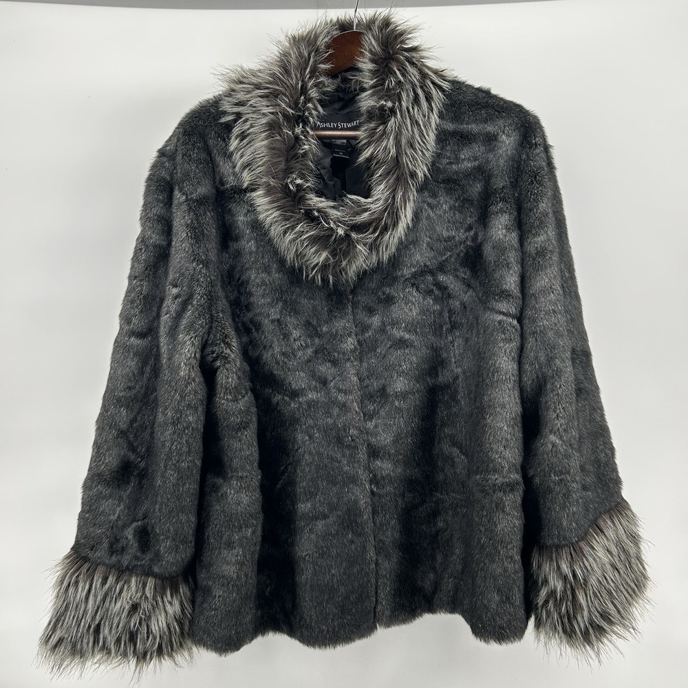 Ashley Stewart Womens 3X Faux Fur Jacket Gray Contrast Trim Classic Glam
